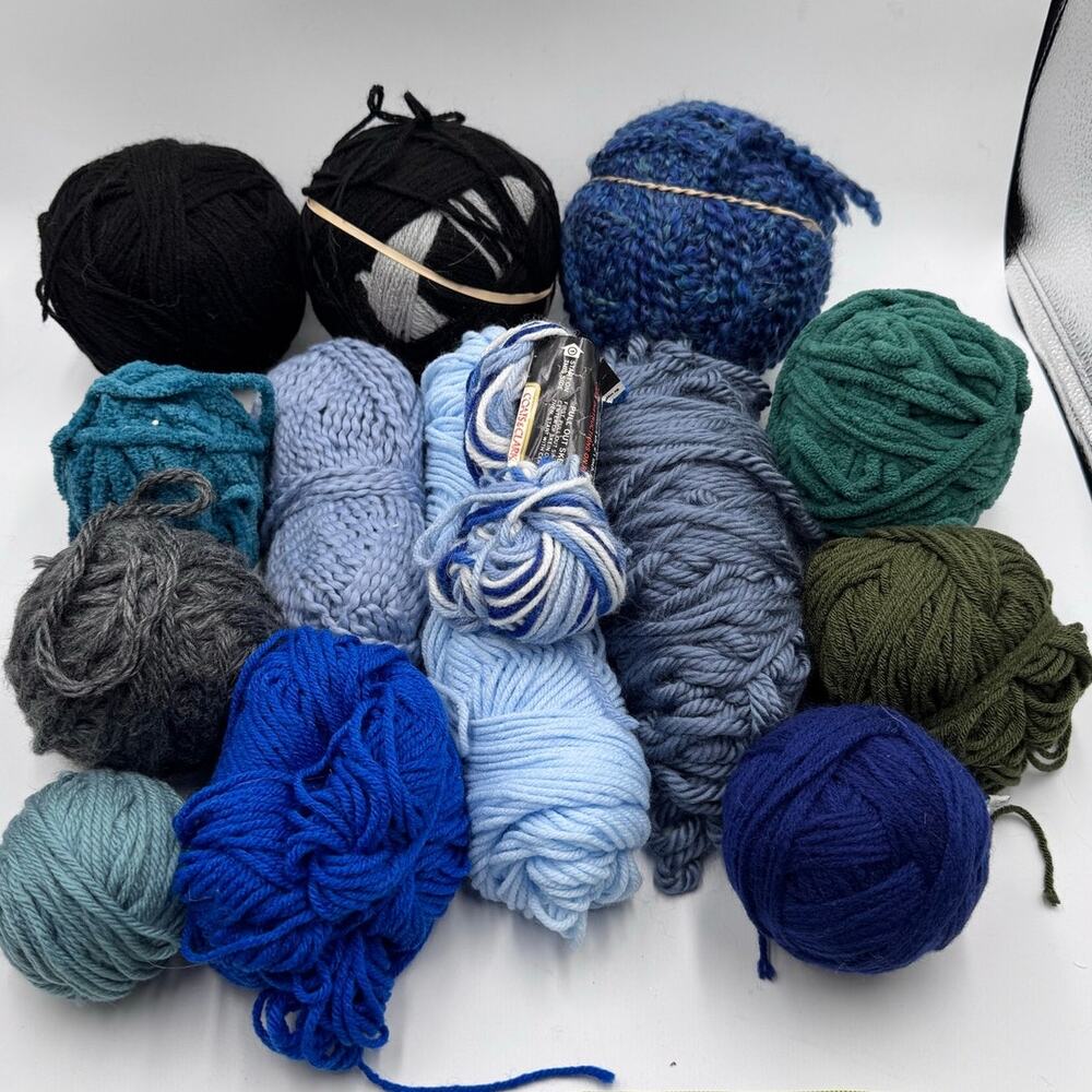 Assorted Yarn Lot, Yarn Destash, 2.14Lbs, mixed blues gray green fibers weights
